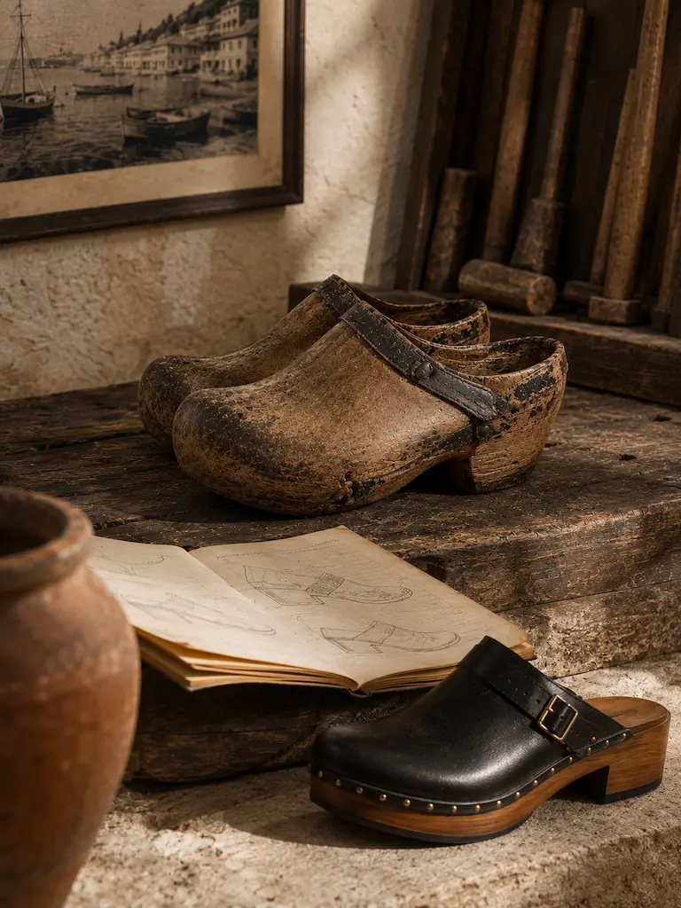 Vintage wooden clogs displayed beside modern leather clogs in a rustic workshop celebrating the evolution of traditional craftsmanship.