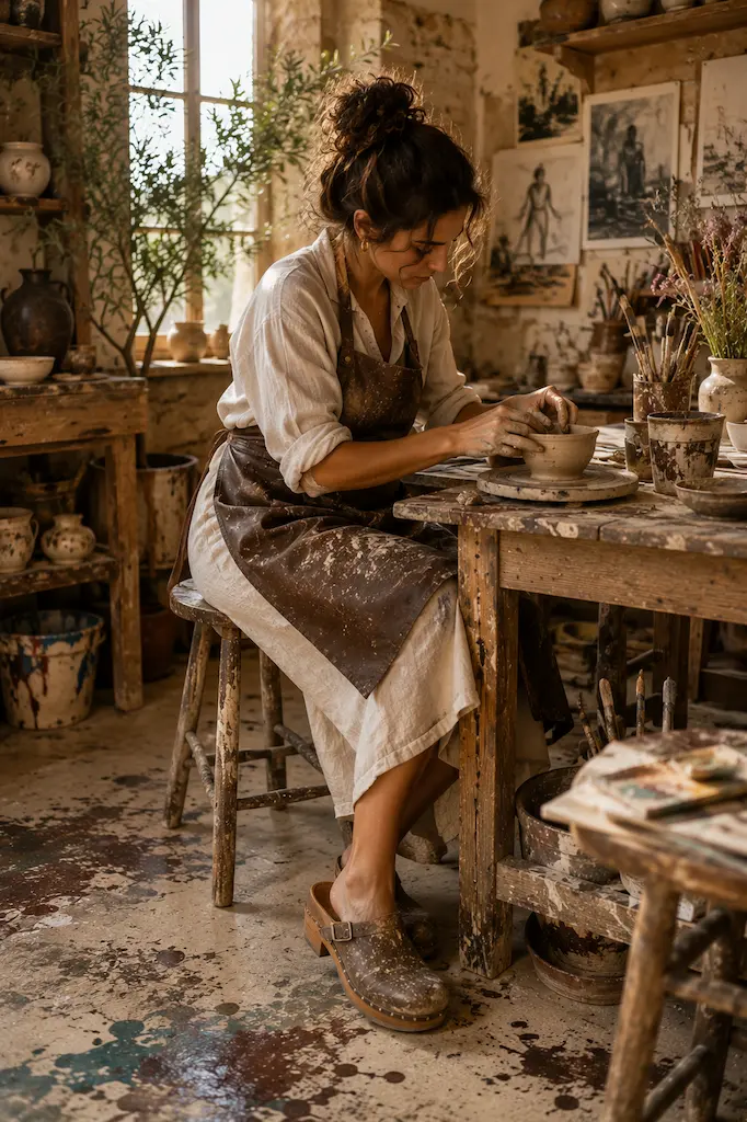 Mediterranean ceramic artist creating pottery in a rustic studio while wearing handcrafted leather clogs surrounded by clay, wooden worktables, and handmade ceramics.