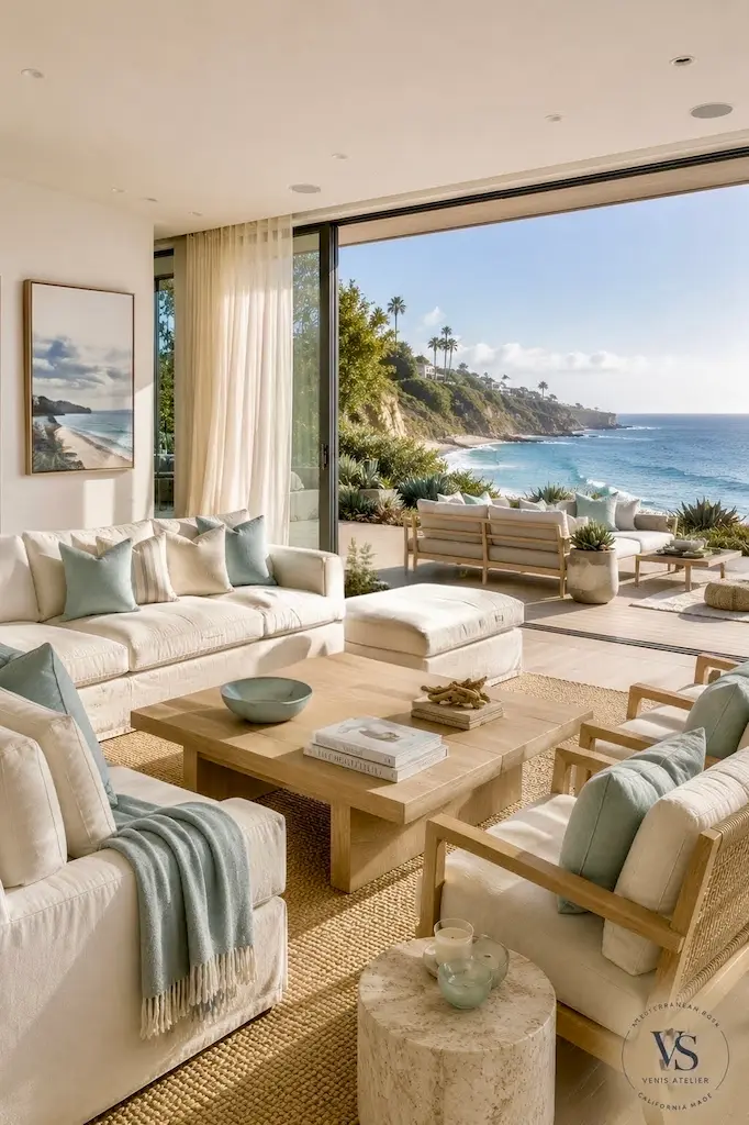 Coastal Interior with nutural colors and blues overlooking the ocean