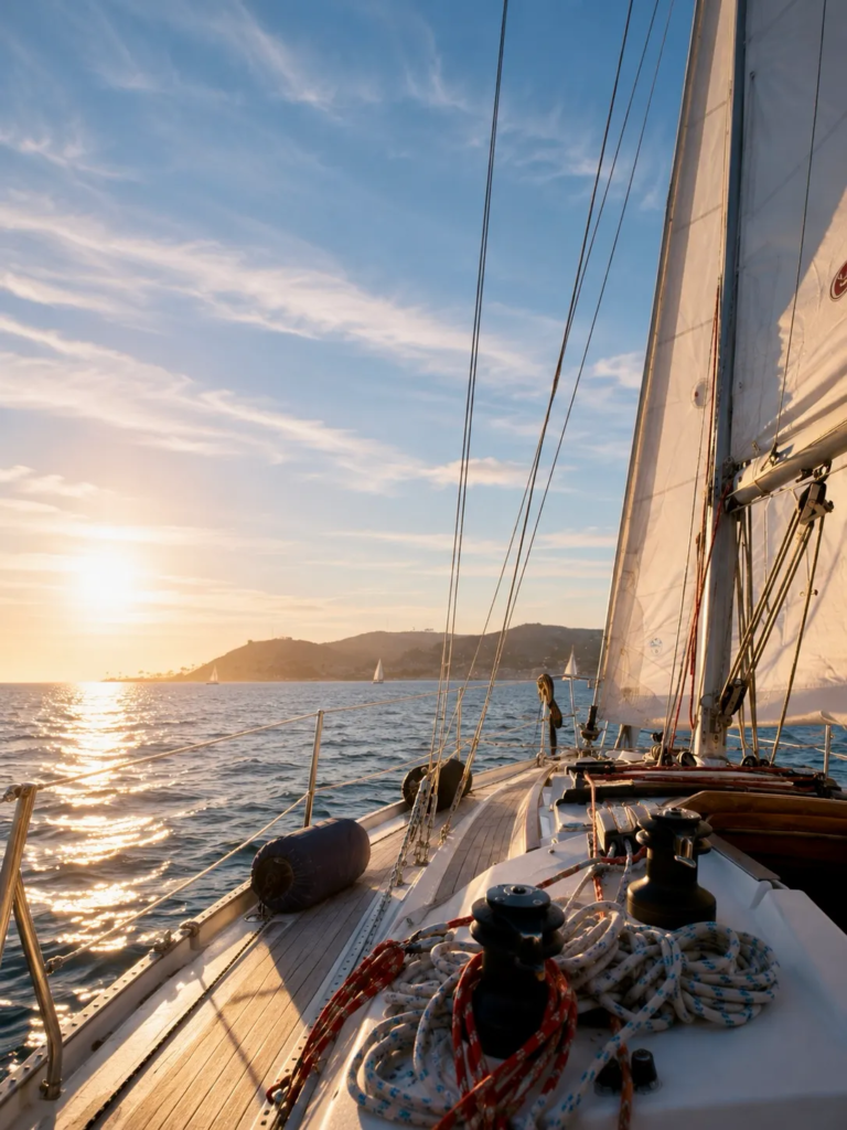 View from a sailboat deck at sunset with open water, sails, and a coastal horizon in the distance.