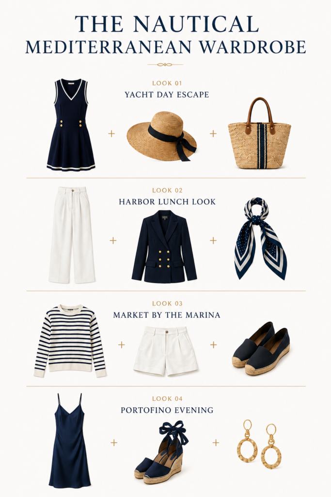 Nautical Mediterranean wardrobe guide featuring navy dresses, Breton stripes, linen trousers, blazers, espadrilles, and woven accessories.
