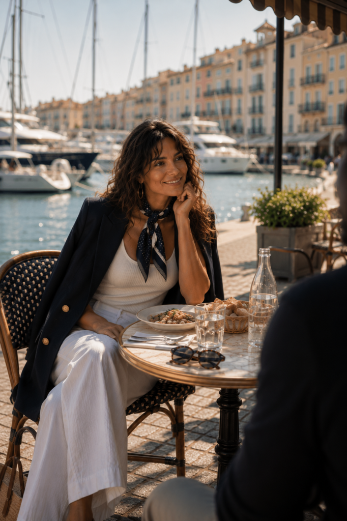 Woman in white linen trousers, navy blazer, and silk scarf enjoying lunch at a waterfront harbor café.