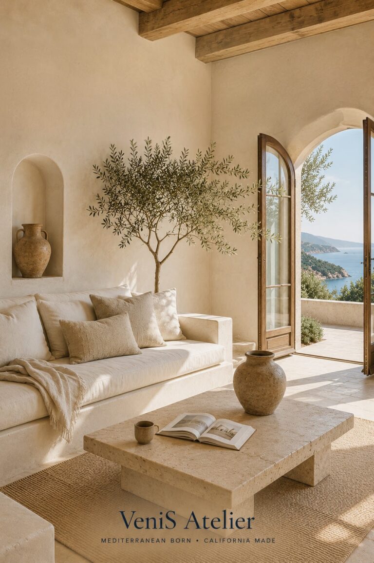 Living Room representing Mediterranean Minimalism and California Simplicity
