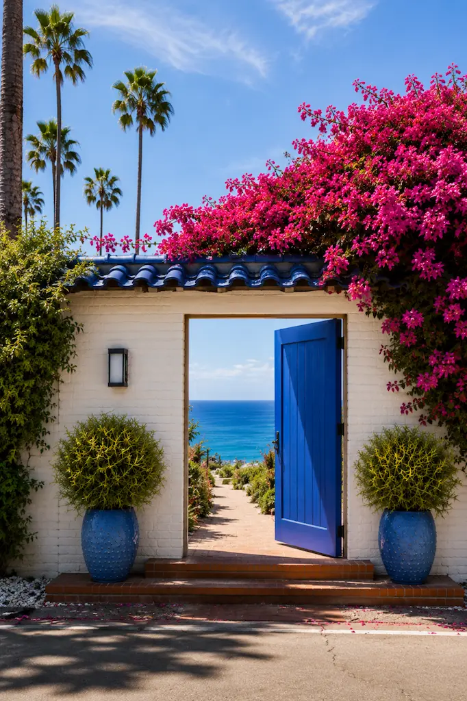 The Story Of The Most Colorful Coastal Flower 16 Blue garden door framed by vibrant pink bougainvillea overlooking the sea in a Mediterranean-inspired coastal setting.