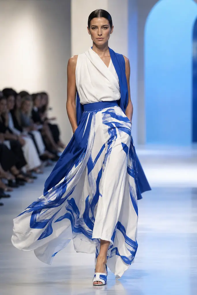 Blue and White Fashion: The Coast’s Color Pair 8 Female model walks a fashion runway wearing a flowing blue-and-white ensemble with an asymmetrical draped top and abstract brushstroke trousers.