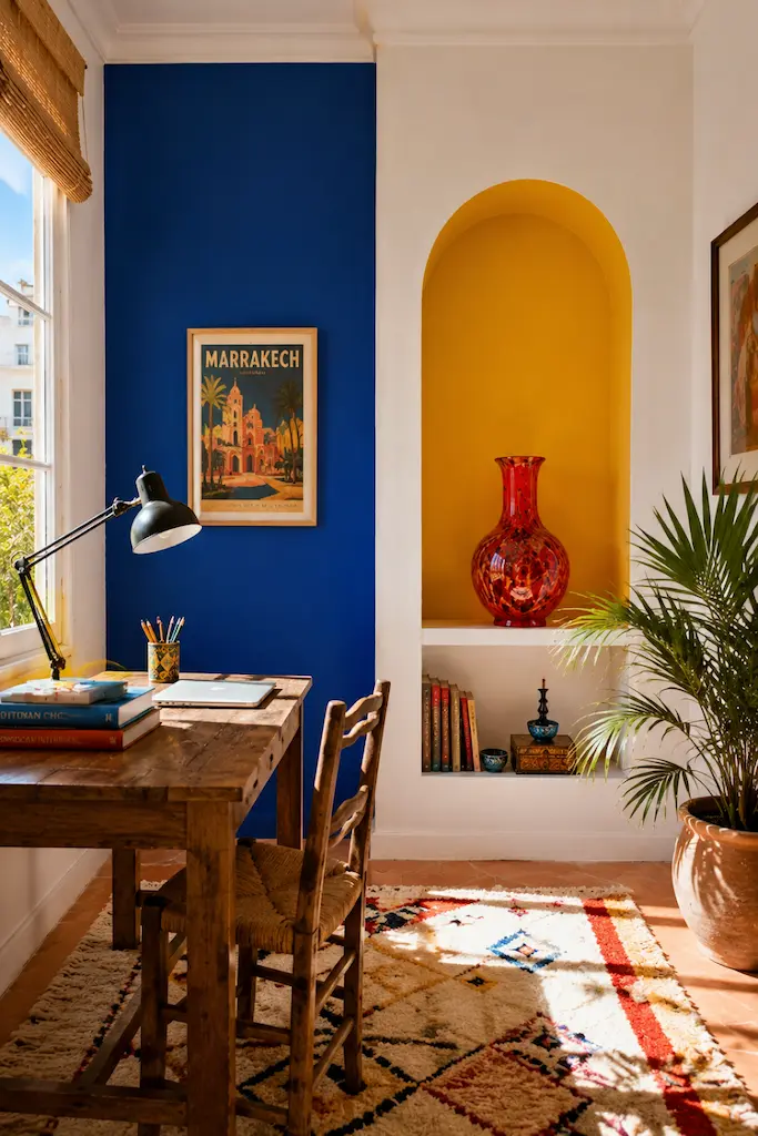 The Renovation of Thessaloniki home office with a cobalt-blue wall, bright yellow alcove and red Murano glass vase against otherwise white walls.