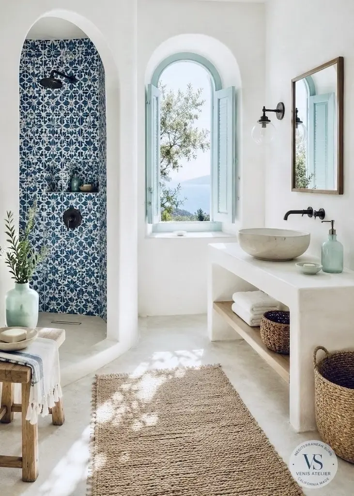 Bright white bathroom with an arched blue patterned-tile shower, stone vessel sink, woven baskets and a coastal view.
