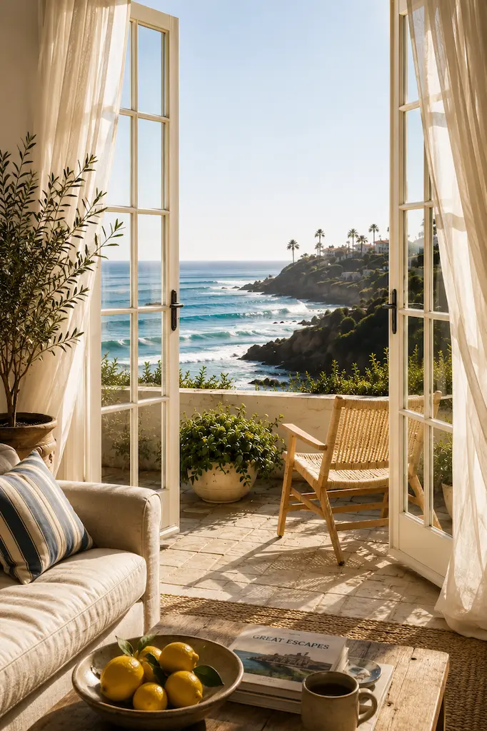 Open French doors frame a bright coastal home overlooking the ocean, with linen curtains, natural light, and a peaceful indoor-outdoor living space inspired by California and the Mediterranean.