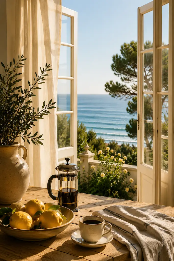 Outdoor table overlooking the sea set with fresh French Press coffee