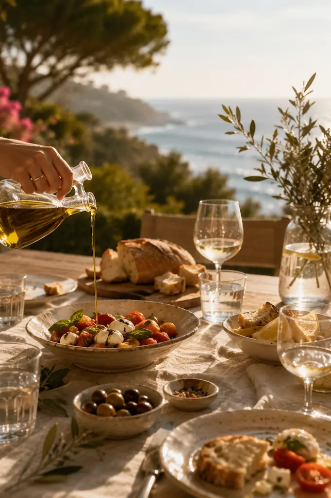 Outdoor table overlooking the sea set with fresh bread, tomatoes, mozzarella, olives, olive oil, and wine, capturing the relaxed flavors of Caliterranean™ dining.