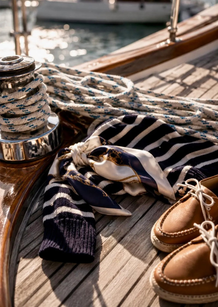 Close-up of nautical style details including sailing rope, Breton knitwear, silk scarf, and teak boat deck.
