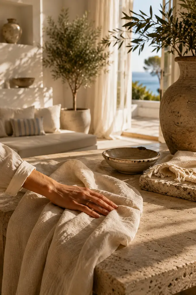 Hand resting on soft linen draped across a natural stone table inside a light-filled coastal home with handcrafted ceramics and ocean views.