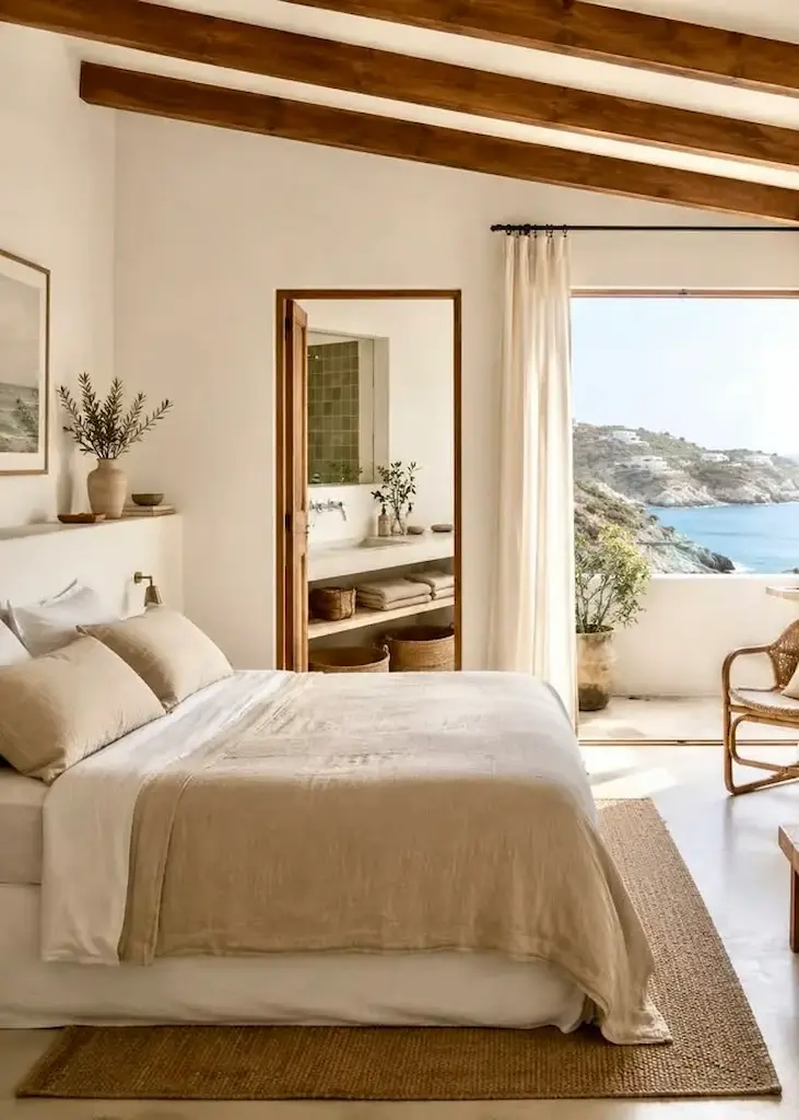 Calm coastal bedroom with linen bedding, exposed wooden beams, an adjoining bathroom and a terrace overlooking the sea.