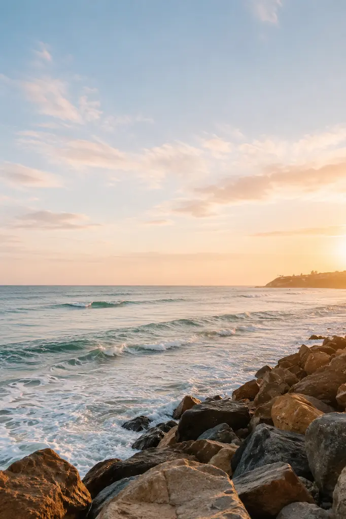 Gentle waves roll onto a rocky California shoreline beneath a soft pastel sunset sky, inviting the calming sounds of the ocean and the rhythm of coastal living.