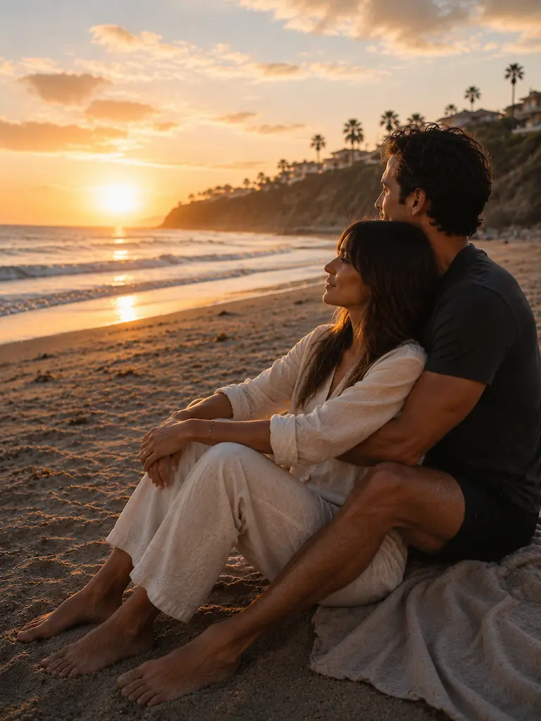 A couple watching the sunset over the ocean in Encinitas, California beach