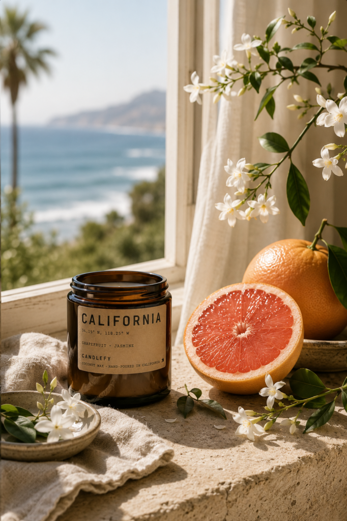 Sunlit coastal terrace overlooking the Mediterranean Sea with lemons, olive branches, a ceramic coffee cup, and linen on a rustic wooden table, capturing the timeless atmosphere shared by California and the Mediterranean.