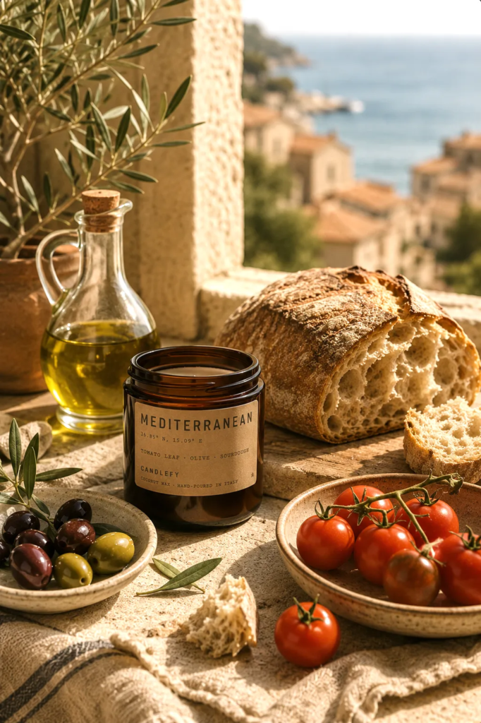 Sunlit coastal terrace overlooking the Mediterranean Sea with lemons, olive branches, a ceramic coffee cup, and linen on a rustic wooden table, capturing the timeless atmosphere shared by California and the Mediterranean.