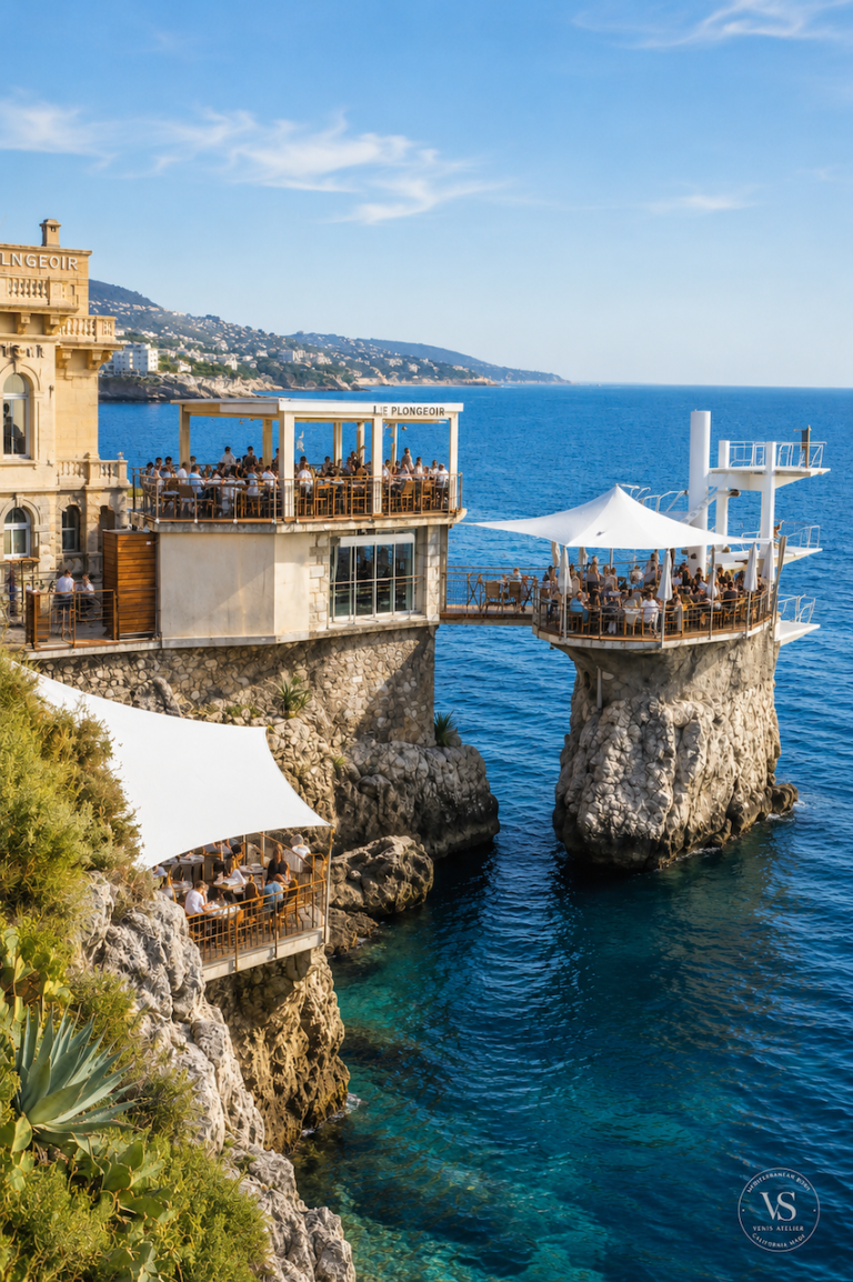 Le Plongeoir restaurant in Nice perched above the Mediterranean Sea on a historic diving platform.