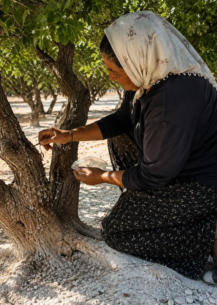 Woman traditionally harvesting mastic resin from a tree in a grove on Chios