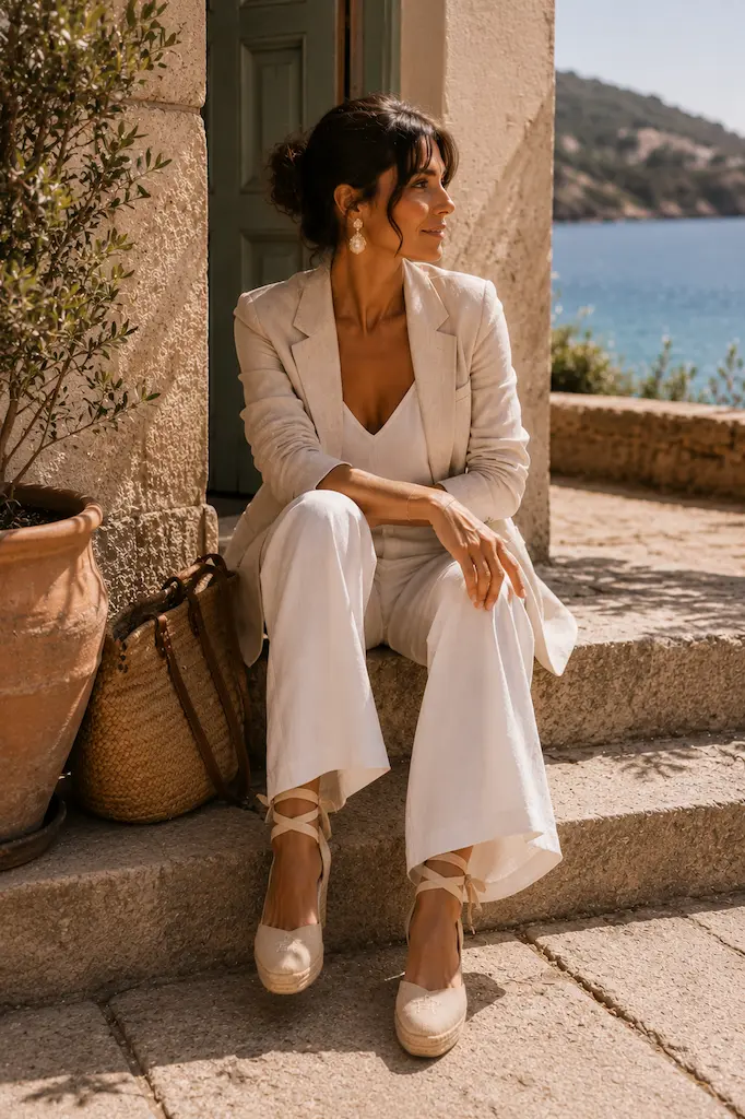 Woman in white linen tailoring wearing beige espadrilles on sunlit stone steps overlooking the Mediterranean coast.