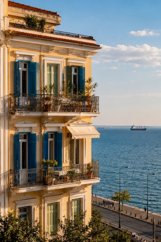 The renovation of a historic apartment building overlooking the sea in Thessaloniki, Greece, with balconies and Mediterranean architectural details.