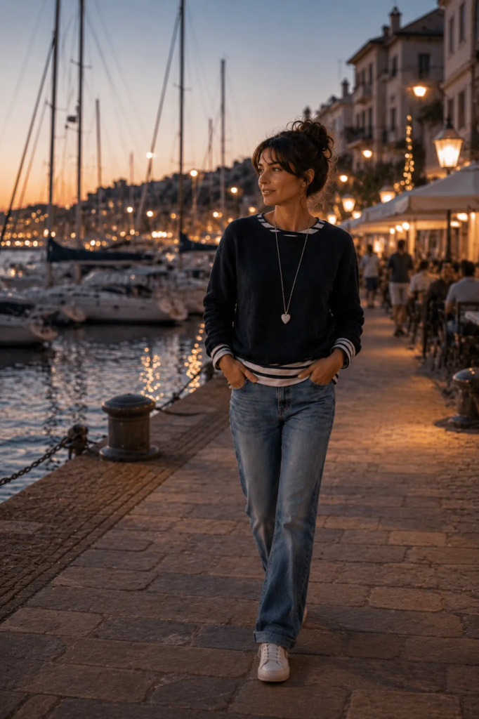 Woman strolling along a marina promenade at sunset with sailboats, waterfront cafés, and harbor lights.