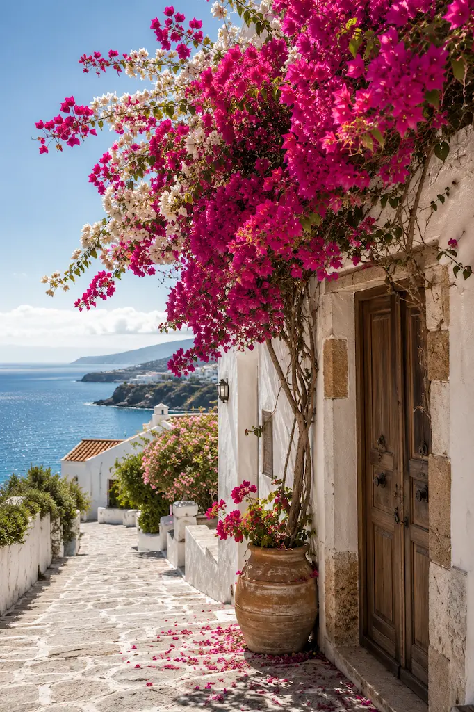 Whitewashed Mediterranean village street lined with blooming bougainvillea and views of the sparkling sea.