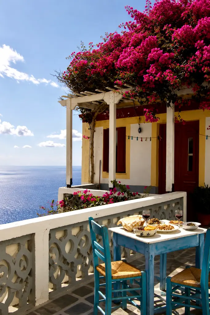 Beautiful greek island terrace views with flowers and breakfast table.