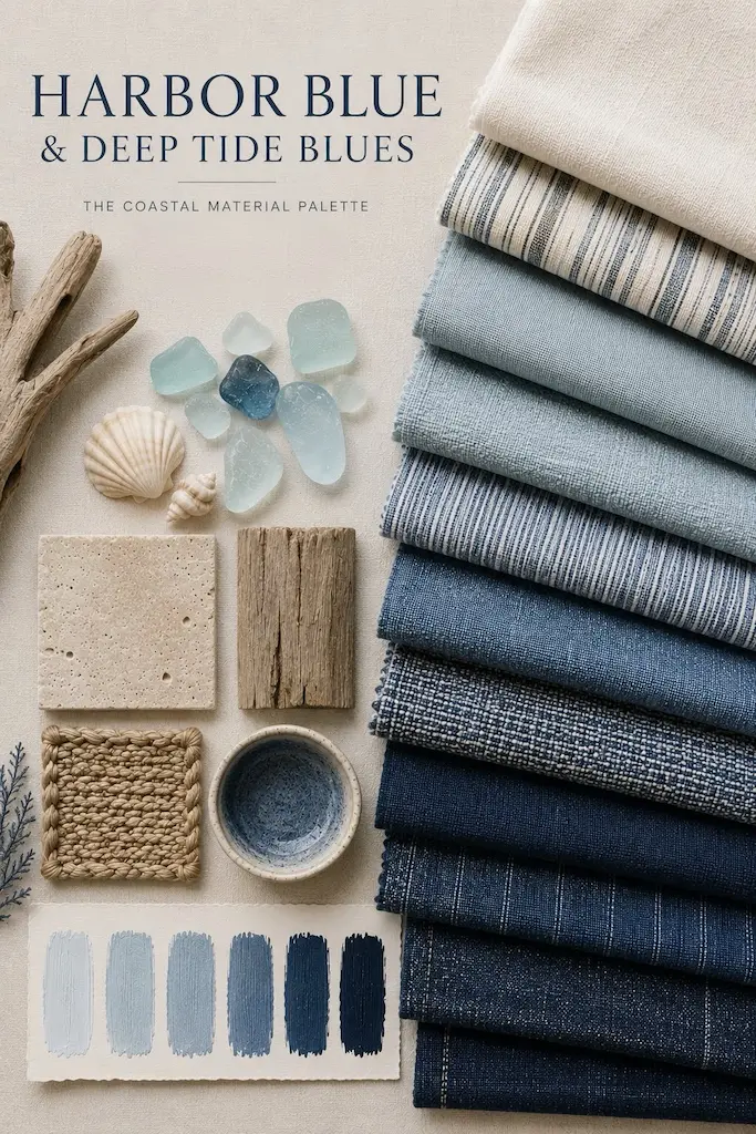 The deep navy of open water balanced by faded linens, driftwood and pale stone.