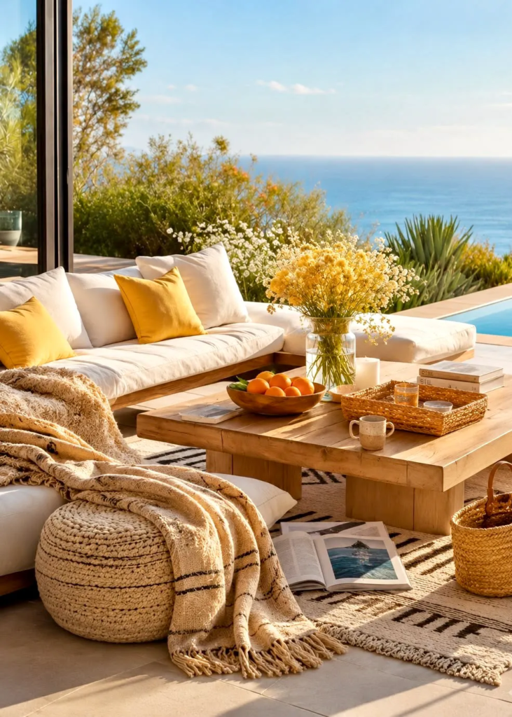 An outdoor living room overlooking the ocean with yellow, orange and cream colors