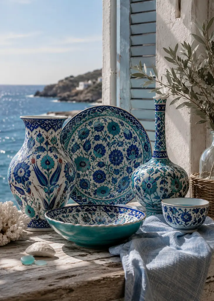 Blue and turquoise Iznik-style ceramics arranged beside an open coastal window overlooking the sea.