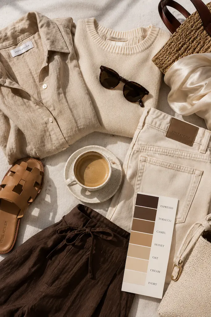 Flat lay of a neutral coastal wardrobe in cream, oat, camel, honey, tobacco, and espresso tones with coffee and woven accessories.
