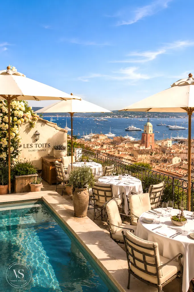 Saint-Tropez-inspired rooftop illustration with shaded dining tables, a pool, terracotta roofs, and boats in the bay.