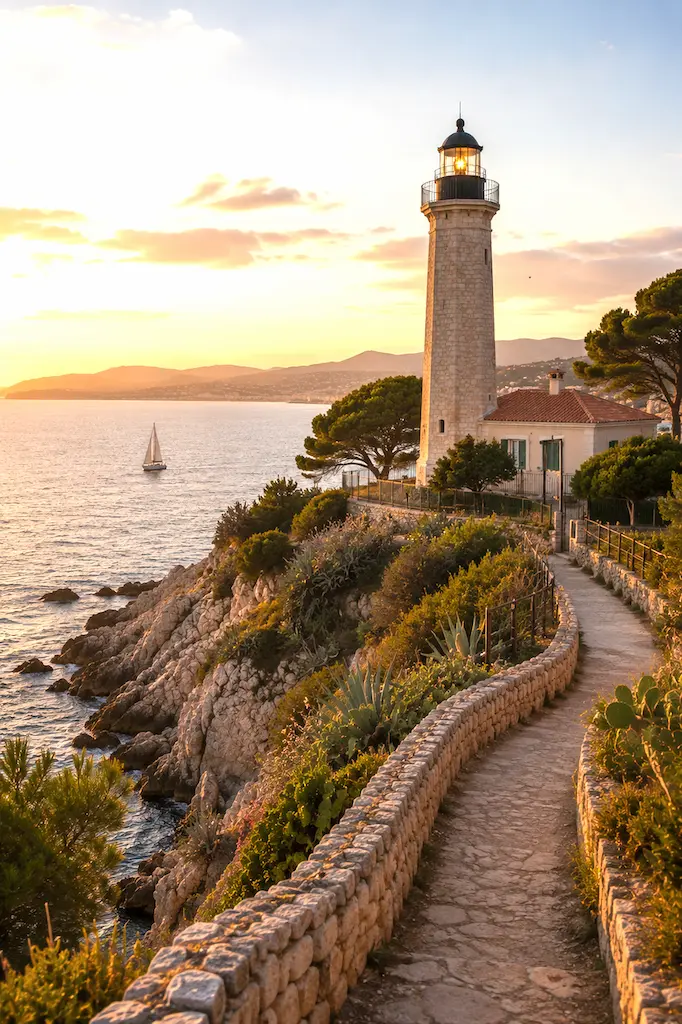 Coastal lighthouse illustration with a winding stone path, pine trees, and a sailboat at sunset.