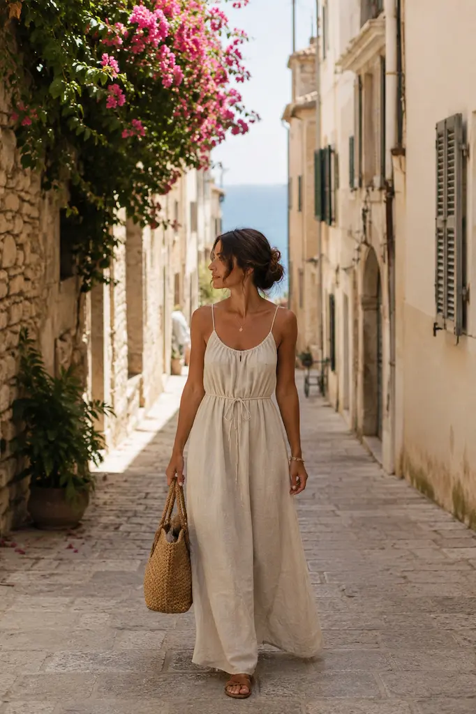 Woman in a flowing white linen maxi dress walking through a sunlit Mediterranean village with a woven basket and sea views.