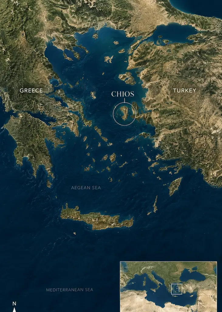 Satellite map showing the location of Chios in the Aegean Sea between Greece and Turkey