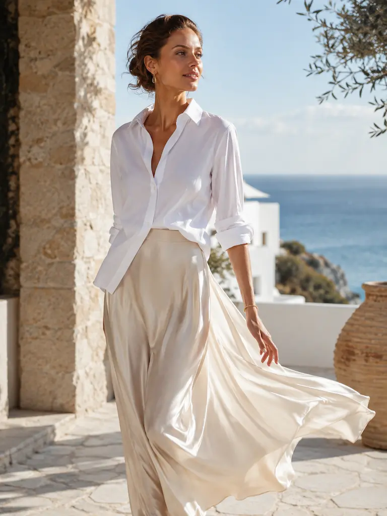 Expensive Clothes Look Better With Ordinary Ones 13 Woman wearing a crisp white cotton shirt with an ivory silk skirt on a sunlit coastal terrace overlooking the sea.