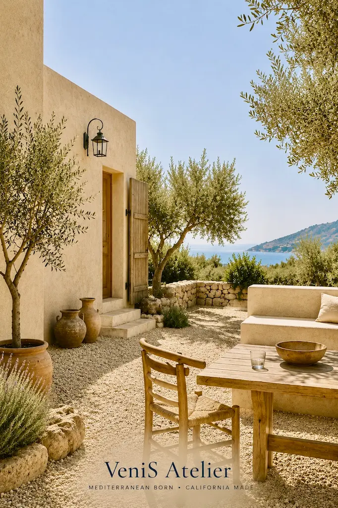 Sunlit Mediterranean courtyard with olive trees, plaster walls, stone borders, simple wooden furniture and a distant sea view.