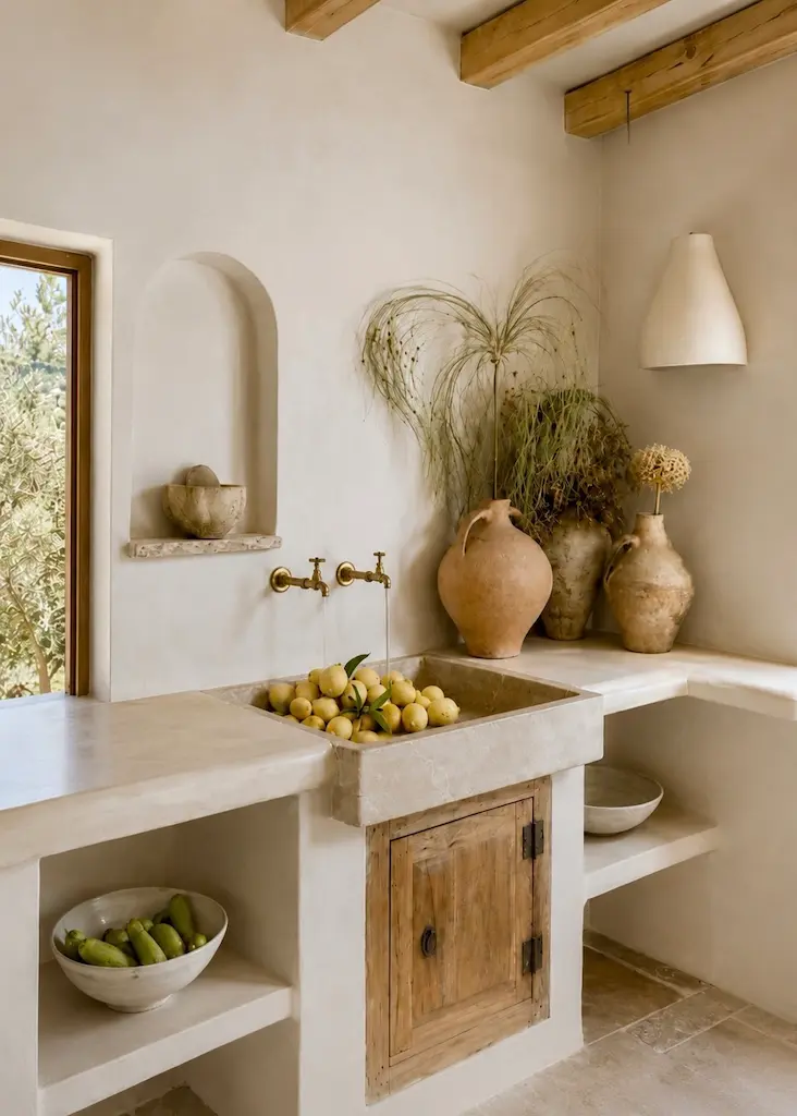 Mediterranean minimalism kitchen with a built-in plaster sink filled with lemons, open shelving, wooden cupboard and handmade clay vessels.