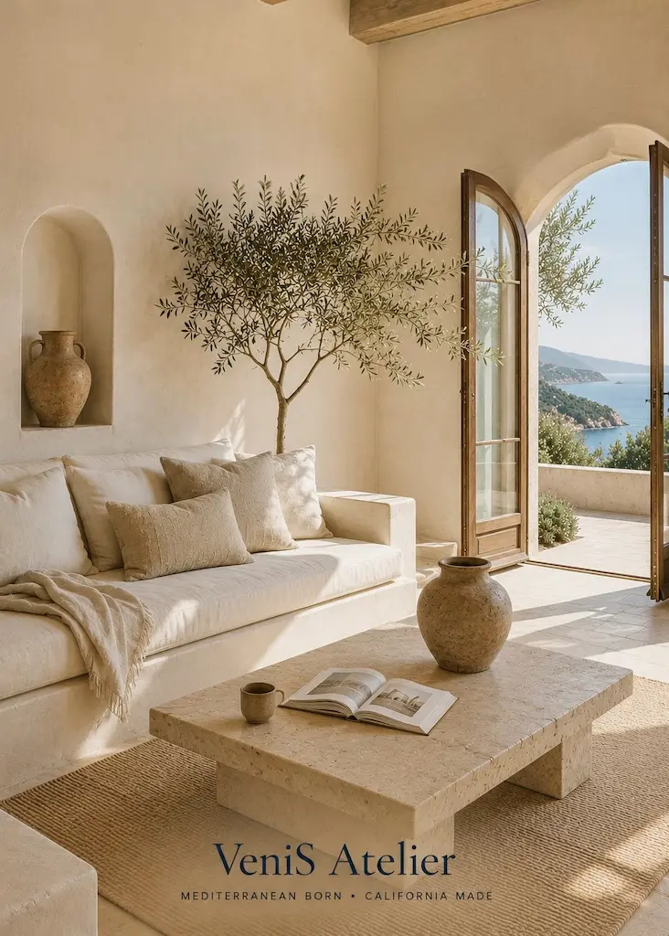 Neutral Mediterranean living room with a linen sofa, olive tree, stone coffee table and open doors framing the coast.