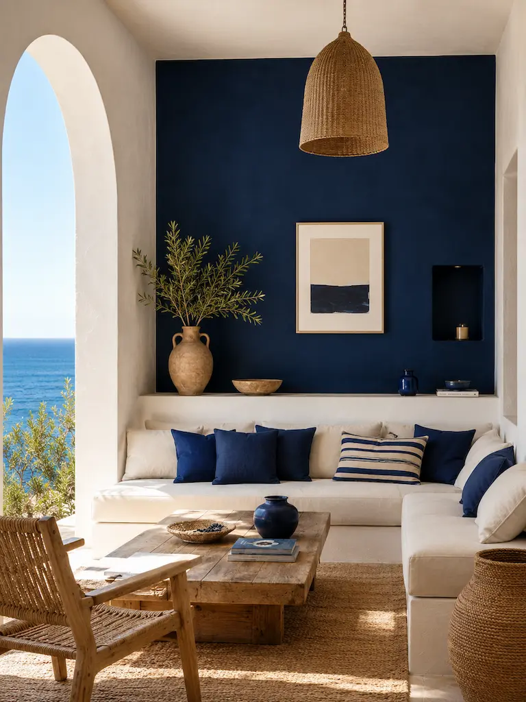 Coastal living room with a deep navy blue wall, white seating, woven textures, and an ocean view.