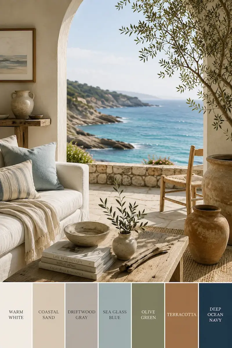 An outdoor coastal room and a designer reference colors.
