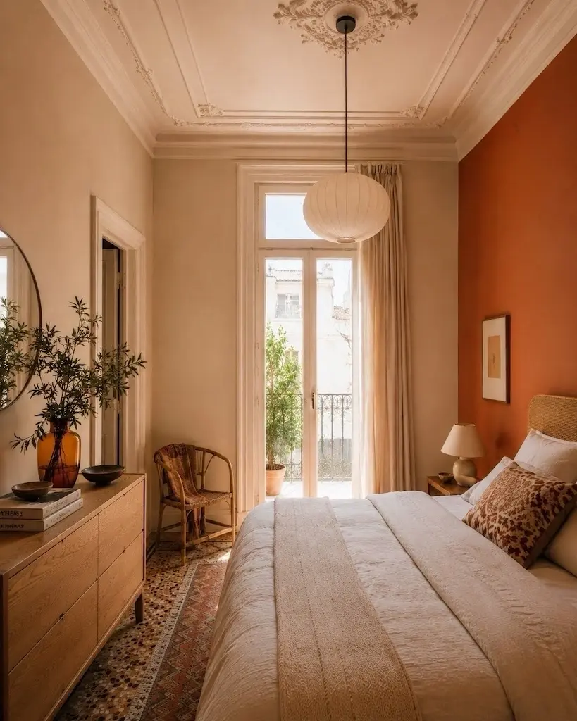 Small Mediterranean bedroom in Thessaloniki with a warm orange feature wall, white trim and natural wood furnishings.