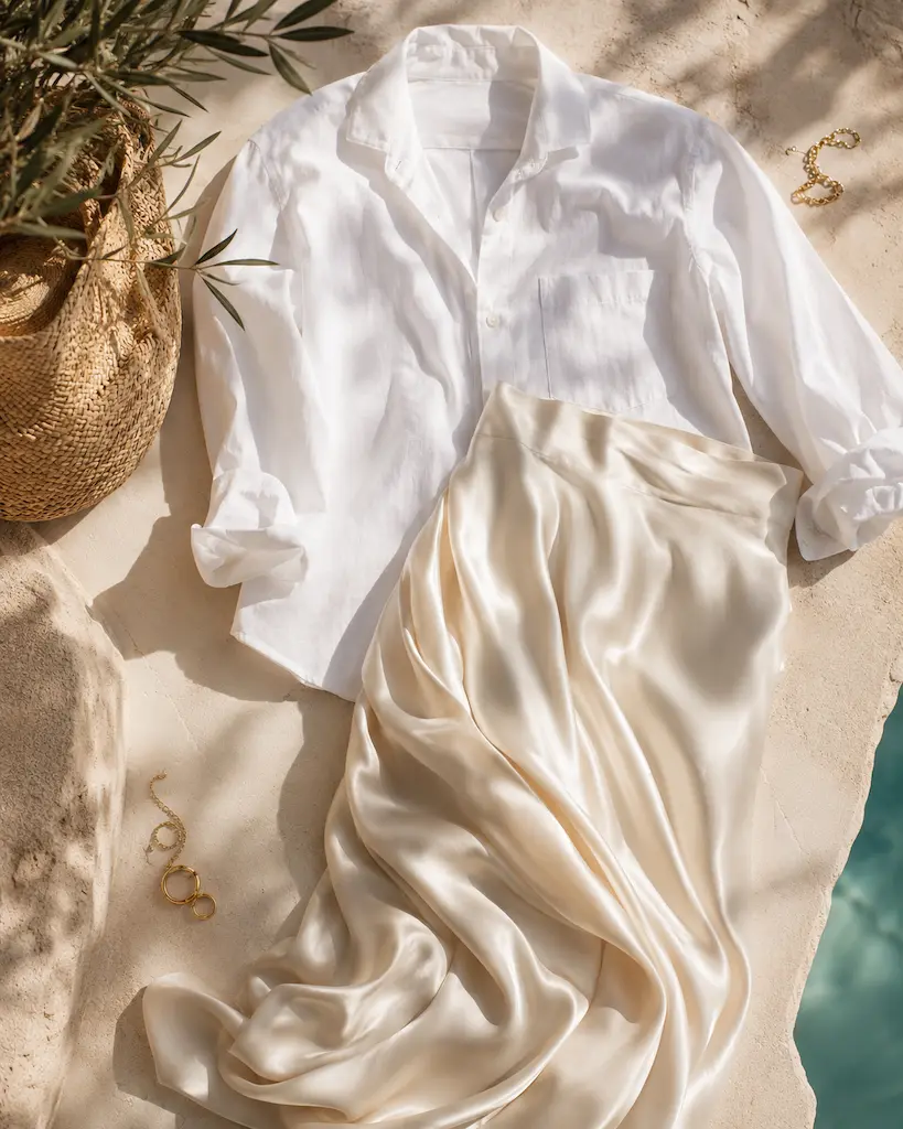 Flat lay of a white cotton shirt and ivory silk skirt arranged on sunlit stone with simple gold jewelry and coastal greenery.