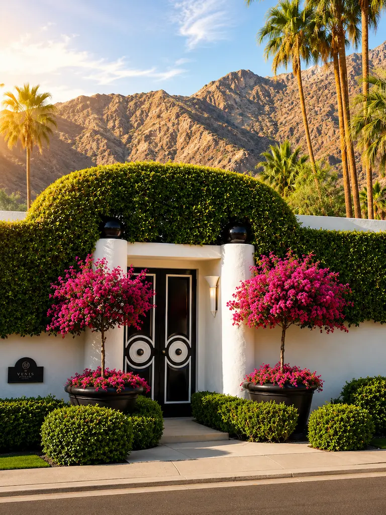 Bougainvillea front door in a Palm Spring home with mountain views.