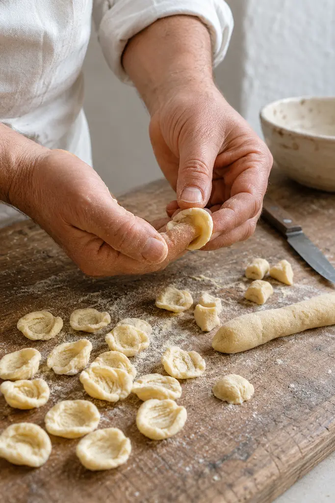 Hands shaping orecchiette pasta on a flour-dusted wooden board, beside finished pasta and pieces of dough.