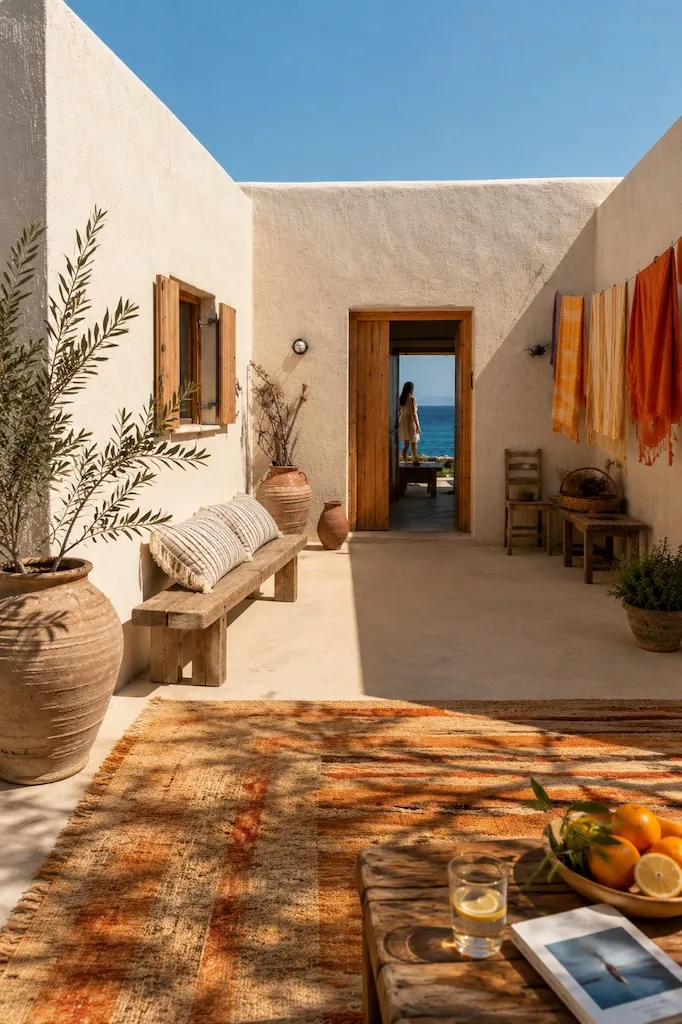 Minimalist Mediterranean courtyard overlooking the sea with natural stucco walls, a wooden bench, terracotta pots, warm orange textiles, and a peaceful coastal atmosphere.