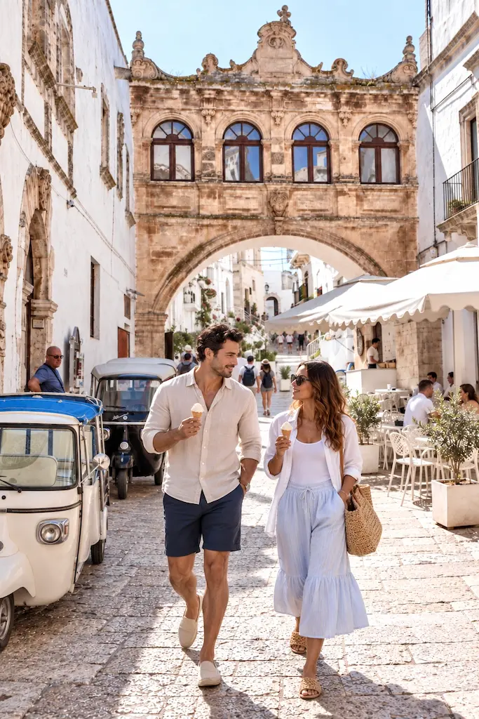 Couple walking in Puglia streets.