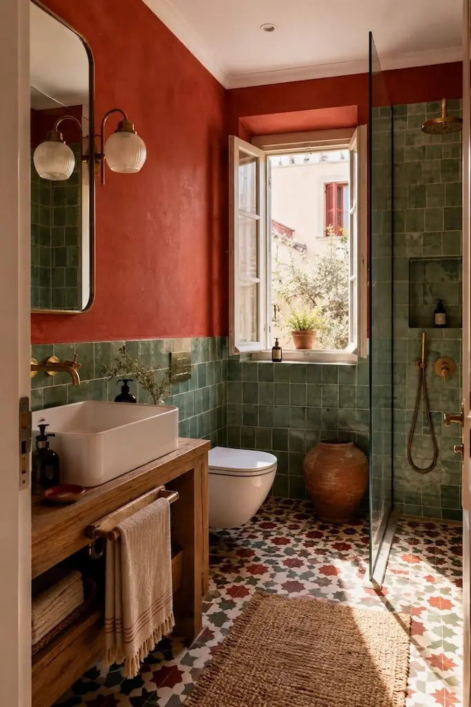 Small Thessaloniki bathroom transformed with a bold red-and-green color scheme and contrasting decorative tile.