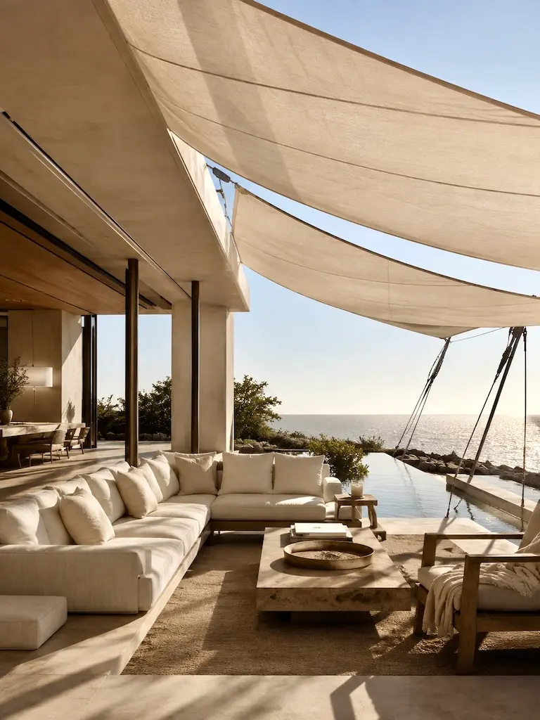 Inspired by the architecture of life at sea, tensioned sailcloth becomes an elegant alternative to conventional patio shades—filtering sunlight while giving an outdoor room movement, structure, and unmistakable coastal character.